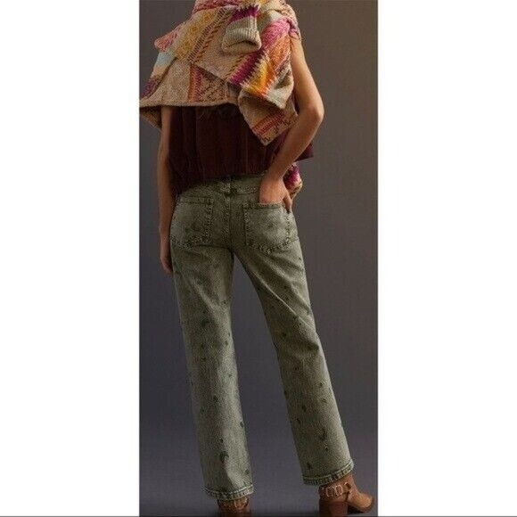 Pilcro Borrowed Boyfriend Jeans 29 Green Denim High Rise Embroidered Relaxed NEW - Picture 2 of 16